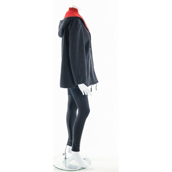 Gray Wool Coat, Gray and Red Wool Coat, Wool Coat with Hoodie, Collegiate Wool C - Picture 4 of 8